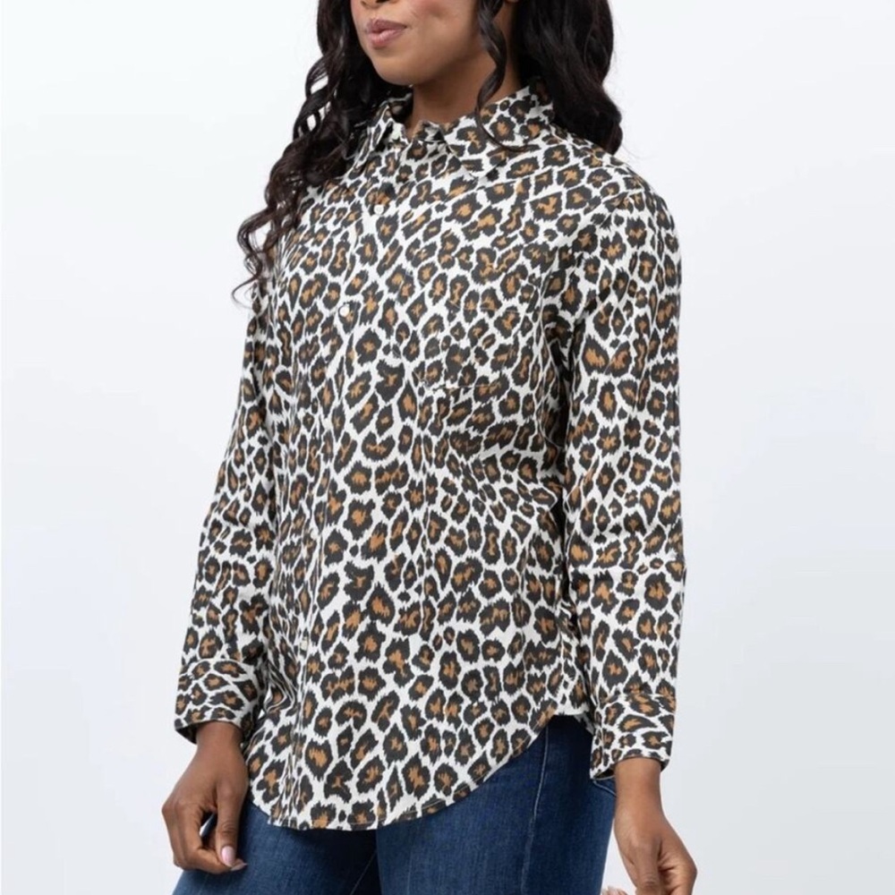THE GREAT Heritage Leopard Post Top Button Front Sz 3/ L White Black Brown - Picture 7 of 12